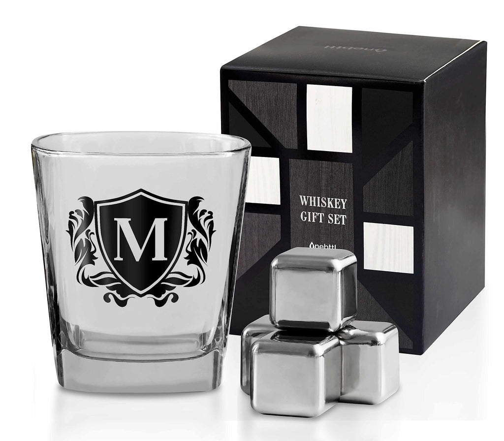 Whisky Gifts for Men Personalized Initial Whiskey Glass with Whiskey Stones for Dad Boyfriend Best Friends Coworkers Husband Brother Uncle and Boss on Fathers Day Boss Day and Birthday - M