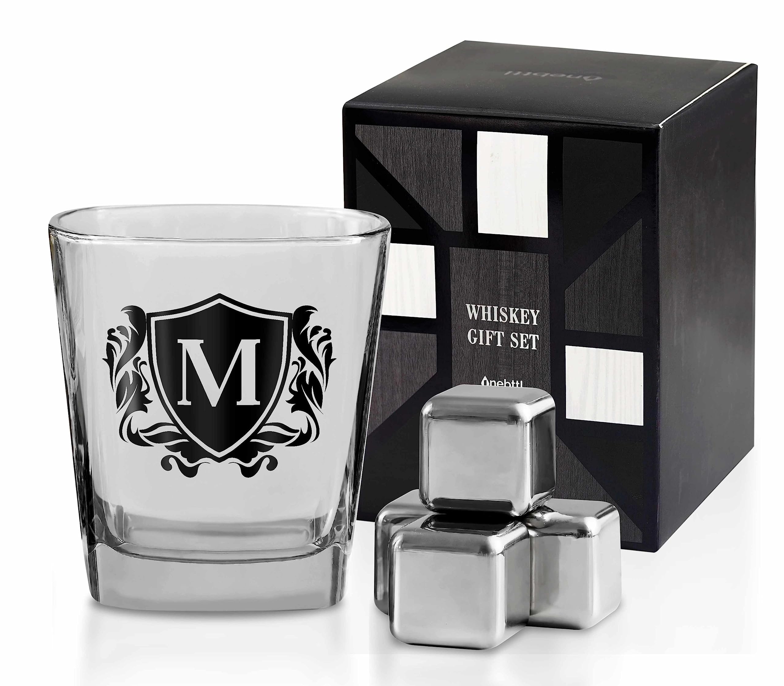 Whisky Gifts for Men Personalized Initial Whiskey Glass with Whiskey Stones for Dad Boyfriend Best Friends Coworkers Husband Brother Uncle and Boss on Fathers Day Boss Day and Birthday - M
