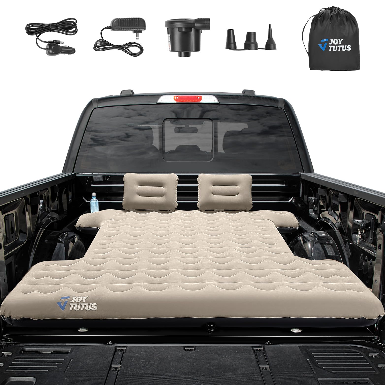 JOYTUTUS Truck Bed Air Mattress for 5.5-5.8Ft Full Size Short Truck Beds Inflatable Air Mattress for Outdoor Camping Truck Tent Accessories with Pump Cup Holder & 2 Pillow & Carry Bag (Smooth Edge)