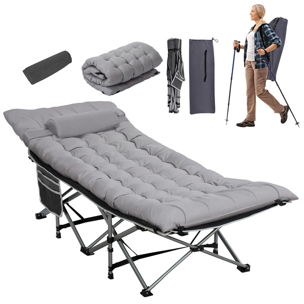 LOENIY Wide Folding Camping Cots with Pillow & Extra Thick Matress Cots for Sleeping 900 LBS Camping Bed for Adults with Cushion Sleeping Cot (Grey)
